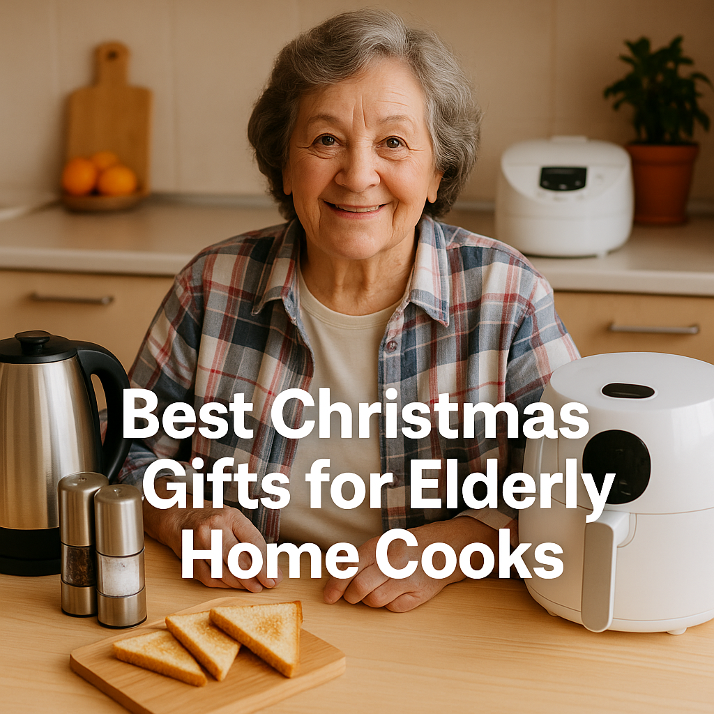 Elderly woman smiling with safe kitchen gifts like kettle, chopper, air fryer — perfect Christmas gift 2025