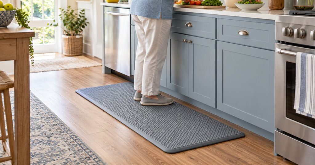 Textured anti-fatigue kitchen mat lying flat in front of a counter
