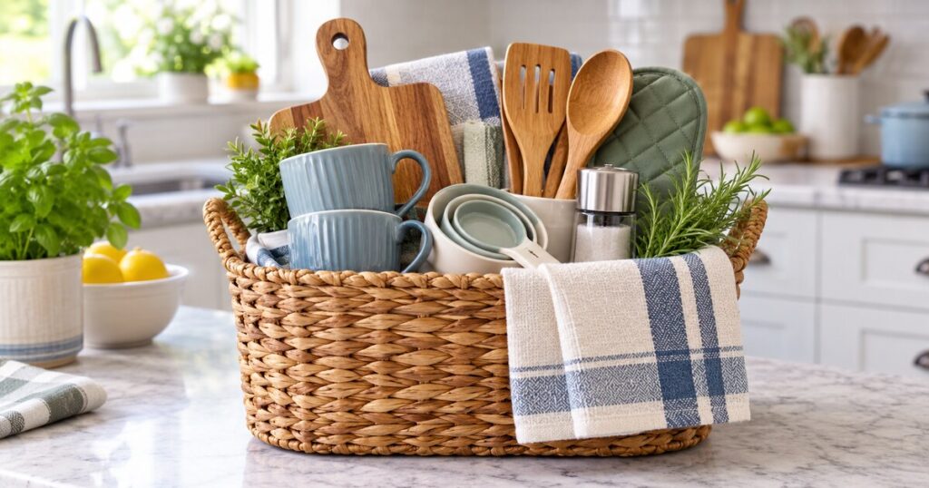 Woven kitchen gift basket filled with practical cooking and serving items
