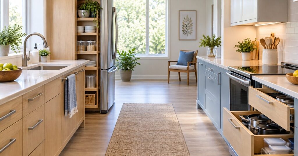 Orderly senior-friendly kitchen with a clear path and safely stored appliances