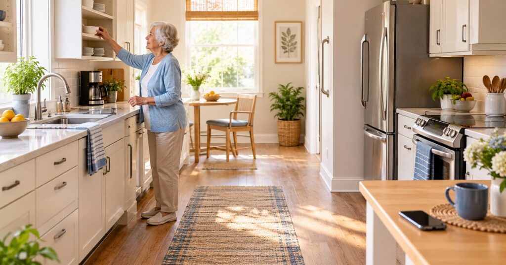 Bright independent senior kitchen with clear paths, reachable storage, and safe appliances
