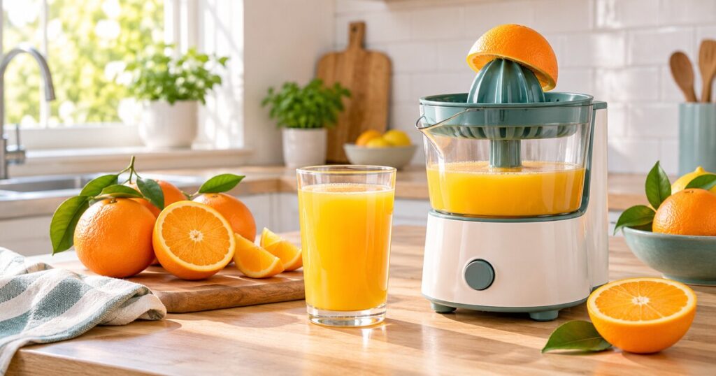 Compact unbranded juicer with fresh orange juice and citrus on a kitchen counter