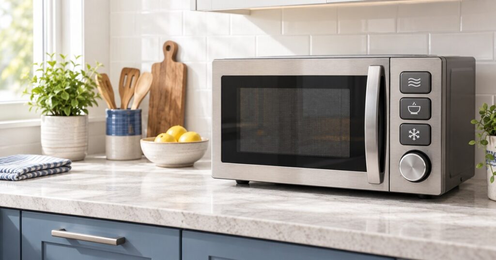 Unbranded countertop microwave with large tactile controls in a bright kitchen