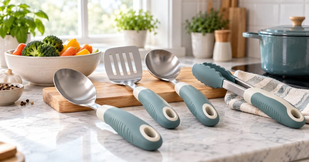 Easy-grip kitchen utensils with large comfortable handles on a bright counter