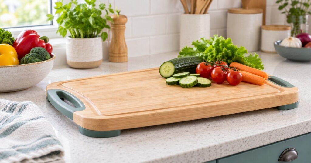 Non-slip cutting board with rounded edges and fresh vegetables on a kitchen counter
