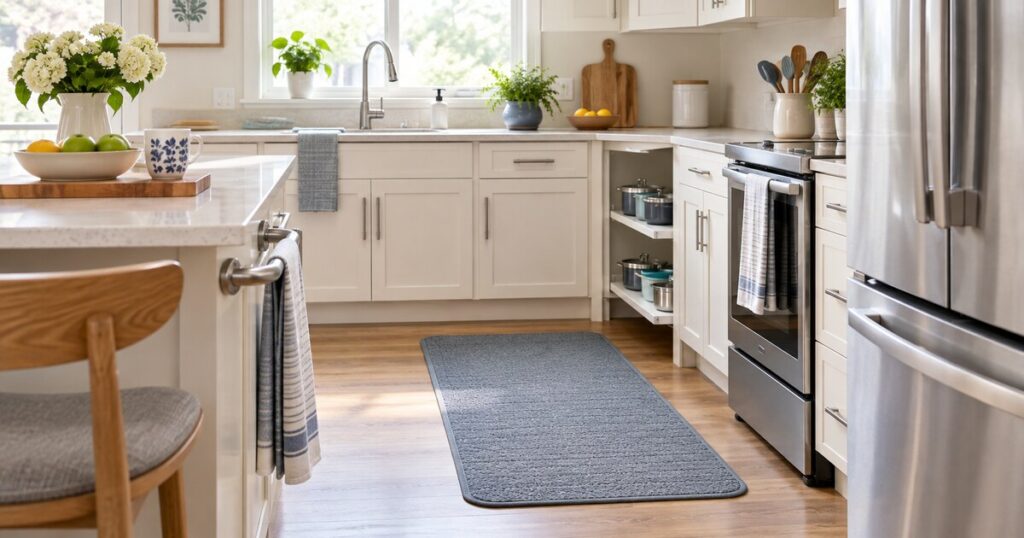 Bright, organized senior-friendly kitchen with a clear walkway and non-slip mat
