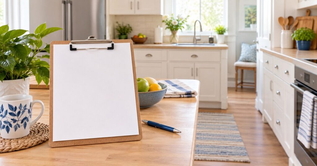 Clipboard beside a bright, organized senior-friendly kitchen with a clear walkway