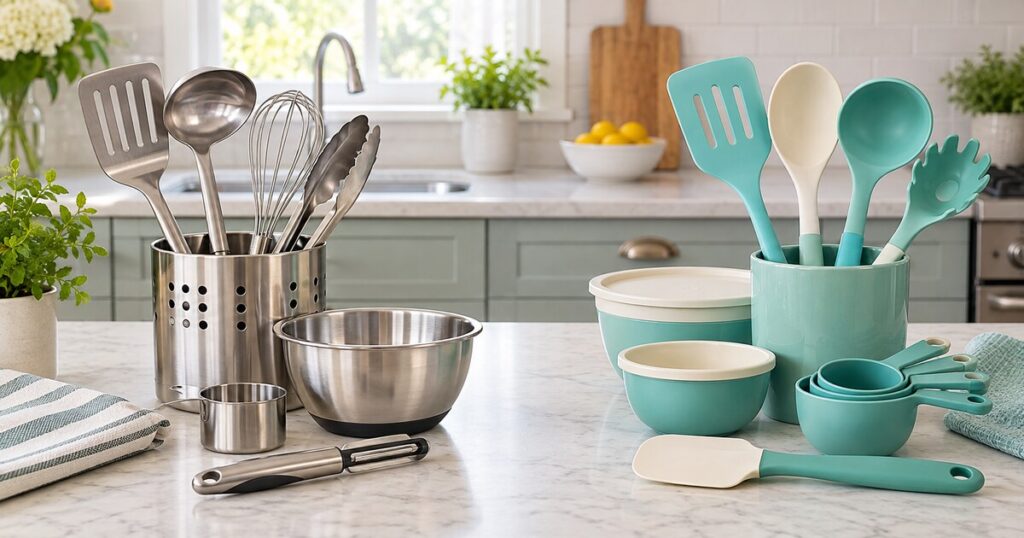 Stainless-steel and lightweight plastic kitchen tools arranged for comparison