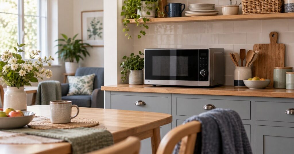 Quiet microwave setup in a calm, organized shared senior kitchen