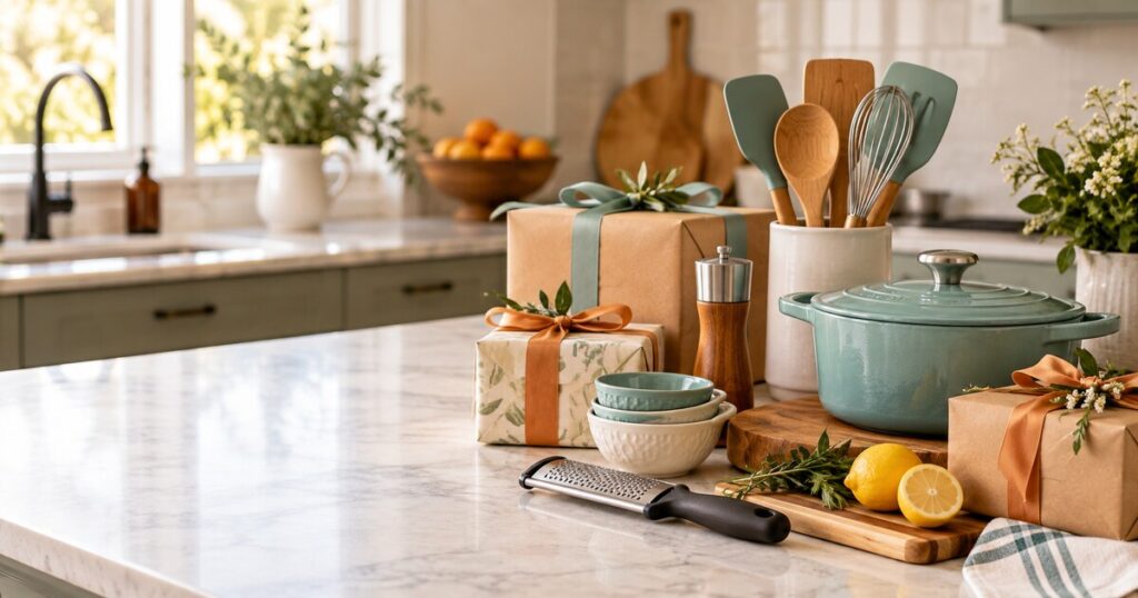 Practical unbranded kitchen gifts arranged on a bright kitchen island
